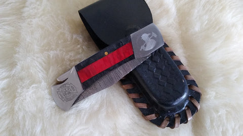 "THIN RED LINE" FIRE FIGHTER DAMASCUS FOLDER W/LEATHER SHEATH