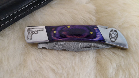 "LAWMAN" DELUXE EDITION POLICE HAND MADE DAMASCUS FOLDER W/LEATHER SHEATH