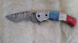 "ALL AMERICAN" DAMASCUS CAMEL BONE FOLDER W/CROSS DRAW SHEATH