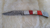 "GO VOLS TENNESSEE" HAND MADE DAMASCUS FOLDER W/LEATHER SHEATH