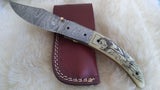 "WHITE OWL" HAND MADE DAMASCUS SCRIMSHAW CAMEL BONE FOLDER