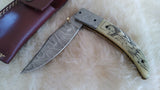 "WHITE OWL" HAND MADE DAMASCUS SCRIMSHAW CAMEL BONE FOLDER