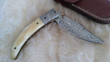 "WHITE OWL" HAND MADE DAMASCUS SCRIMSHAW CAMEL BONE FOLDER