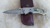 "LONE WOLF" HAND MADE DAMASCUS SCRIMSHAW CAMEL BONE FOLDER