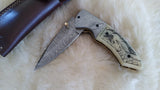 "LONE WOLF" HAND MADE DAMASCUS SCRIMSHAW CAMEL BONE FOLDER