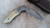 "LONE WOLF" HAND MADE DAMASCUS SCRIMSHAW CAMEL BONE FOLDER