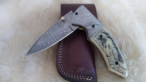 "LONE WOLF" HAND MADE DAMASCUS SCRIMSHAW CAMEL BONE FOLDER