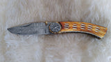"WAGON WHEEL" DAMASCUS BURN CAMEL BONE POCKET KNIFE