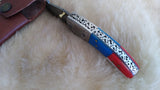 "USA" HAND MADE DAMASCUS POCKET KNIFE W/SHEATH