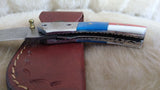 "USA" HAND MADE DAMASCUS POCKET KNIFE W/SHEATH
