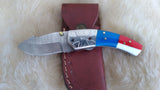 "USA" HAND MADE DAMASCUS POCKET KNIFE W/SHEATH