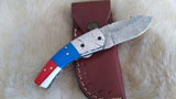 "USA" HAND MADE DAMASCUS POCKET KNIFE W/SHEATH