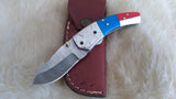 "USA" HAND MADE DAMASCUS POCKET KNIFE W/SHEATH