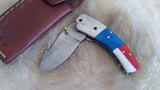 "USA" HAND MADE DAMASCUS POCKET KNIFE W/SHEATH