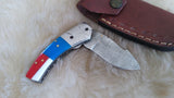 "USA" HAND MADE DAMASCUS POCKET KNIFE W/SHEATH