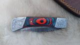 "AUBURN BULLS-EYE TRIBUTE" DAMASCUS POCKET KNIFE W/LEATHER SHEATH