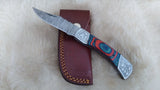 "AUBURN BULLS-EYE TRIBUTE" DAMASCUS POCKET KNIFE W/LEATHER SHEATH