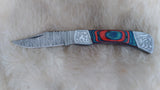 "AUBURN BULLS-EYE TRIBUTE" DAMASCUS POCKET KNIFE W/LEATHER SHEATH