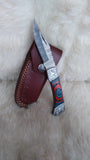 "AUBURN BULLS-EYE TRIBUTE" DAMASCUS POCKET KNIFE W/LEATHER SHEATH