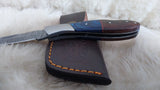 "BLUE SWALLOW" DAMASCUS POCKET KNIFE W/LEATHER SHEATH