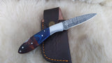 "BLUE SWALLOW" DAMASCUS POCKET KNIFE W/LEATHER SHEATH