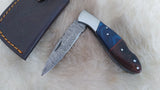 "BLUE SWALLOW" DAMASCUS POCKET KNIFE W/LEATHER SHEATH