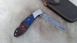 "BLUE SWALLOW" DAMASCUS POCKET KNIFE W/LEATHER SHEATH