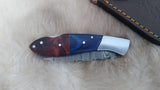 "BLUE SWALLOW" DAMASCUS POCKET KNIFE W/LEATHER SHEATH