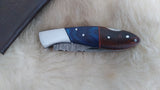 "BLUE SWALLOW" DAMASCUS POCKET KNIFE W/LEATHER SHEATH