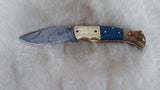 "BLUE BAYOU" DAMASCUS CAMEL/RAM HORN POCKET KNIFE W/SHEATH