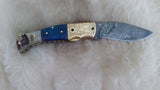 "BLUE BAYOU" DAMASCUS CAMEL/RAM HORN POCKET KNIFE W/SHEATH