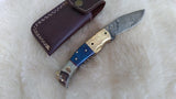 "BLUE BAYOU" DAMASCUS CAMEL/RAM HORN POCKET KNIFE W/SHEATH