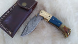 "BLUE BAYOU" DAMASCUS CAMEL/RAM HORN POCKET KNIFE W/SHEATH