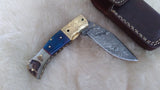 "BLUE BAYOU" DAMASCUS CAMEL/RAM HORN POCKET KNIFE W/SHEATH