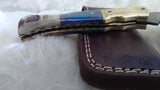 "BLUE BAYOU" DAMASCUS CAMEL/RAM HORN POCKET KNIFE W/SHEATH