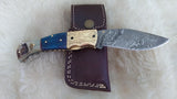 "BLUE BAYOU" DAMASCUS CAMEL/RAM HORN POCKET KNIFE W/SHEATH