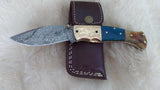 "BLUE BAYOU" DAMASCUS CAMEL/RAM HORN POCKET KNIFE W/SHEATH