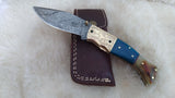 "BLUE BAYOU" DAMASCUS CAMEL/RAM HORN POCKET KNIFE W/SHEATH