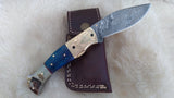 "BLUE BAYOU" DAMASCUS CAMEL/RAM HORN POCKET KNIFE W/SHEATH