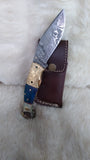 "BLUE BAYOU" DAMASCUS CAMEL/RAM HORN POCKET KNIFE W/SHEATH