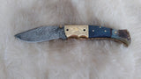"BLUE NOVA" DAMASCUS CAMEL/RAM HORN POCKET KNIFE W/SHEATH