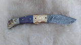 "BLUE NOVA" DAMASCUS CAMEL/RAM HORN POCKET KNIFE W/SHEATH