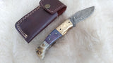 "BLUE NOVA" DAMASCUS CAMEL/RAM HORN POCKET KNIFE W/SHEATH