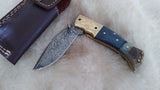 "BLUE NOVA" DAMASCUS CAMEL/RAM HORN POCKET KNIFE W/SHEATH