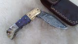 "BLUE NOVA" DAMASCUS CAMEL/RAM HORN POCKET KNIFE W/SHEATH