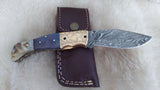 "BLUE NOVA" DAMASCUS CAMEL/RAM HORN POCKET KNIFE W/SHEATH