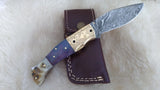 "BLUE NOVA" DAMASCUS CAMEL/RAM HORN POCKET KNIFE W/SHEATH
