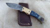 "BLUE NOVA" DAMASCUS CAMEL/RAM HORN POCKET KNIFE W/SHEATH
