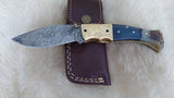 "BLUE NOVA" DAMASCUS CAMEL/RAM HORN POCKET KNIFE W/SHEATH