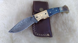 "BLUE NOVA" DAMASCUS CAMEL/RAM HORN POCKET KNIFE W/SHEATH